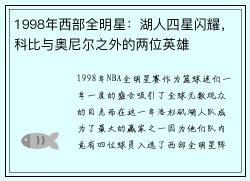 1998年西部全明星：湖人四星闪耀，科比与奥尼尔之外的两位英雄